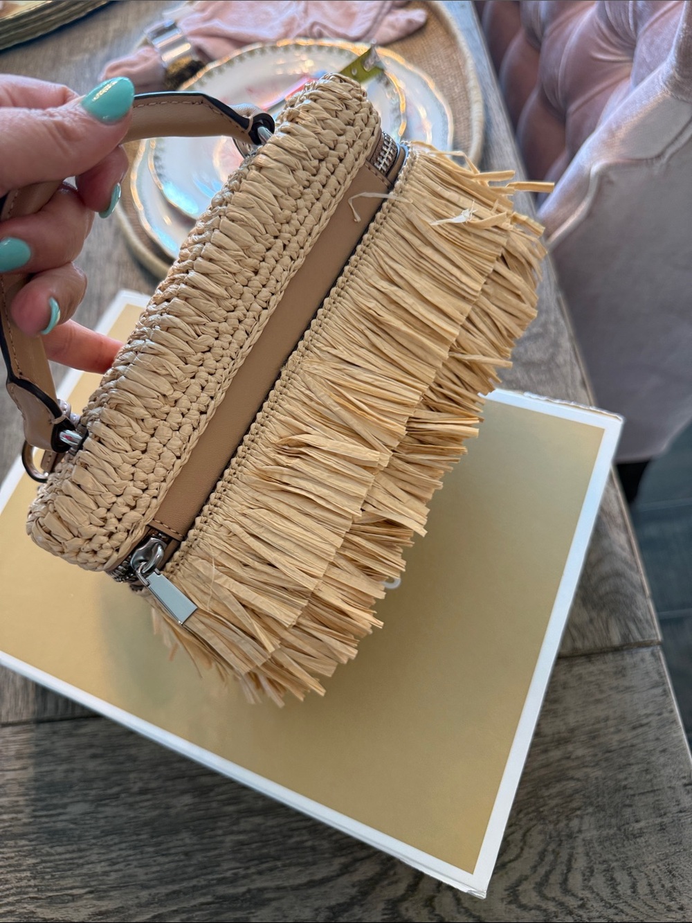 Michael Kors Natural Raffia Fringe Top-Handle Bag Jana cross body bag - Picture 7 of 13